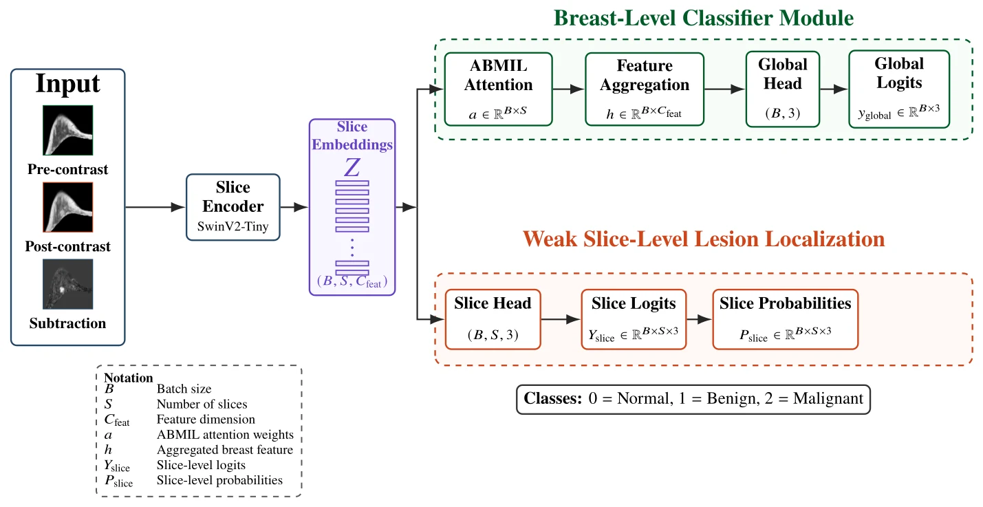 BE-WISER architecture: pre-contrast, post-contrast and subtraction inputs go through a SwinV2-Tiny slice encoder into slice embeddings, which split into a breast-level classifier module with ABMIL attention, feature aggregation, global head and global logits, and a weak slice-level lesion localization branch with a slice head, slice logits and per-slice class probabilities over normal, benign and malignant